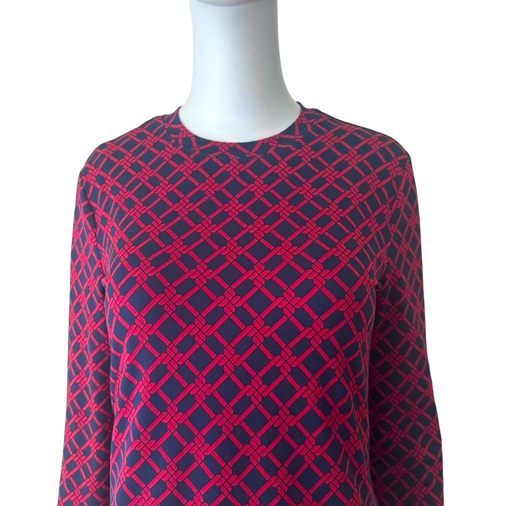 BROOKS BROTHERS Knit Top Long Sleeve Trellis Print Round Neck Red Navy Blue - Picture 4 of 12